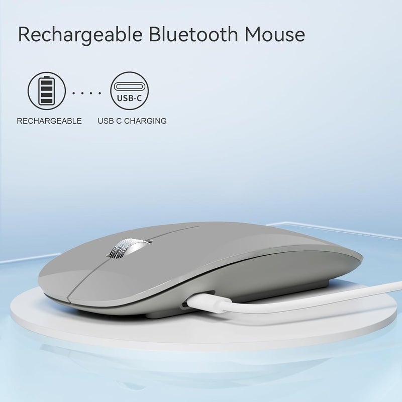 TENMOS M18 Bluetooth Mouse, USB C Rechargeable Wireless Mouse, Triple Mode (Dual Bluetooth+USB) Computer Silent Mice Portable with USB Receiver and Type C Adapter for Laptop/MacBook/iPad/PC - Grey - Image 4